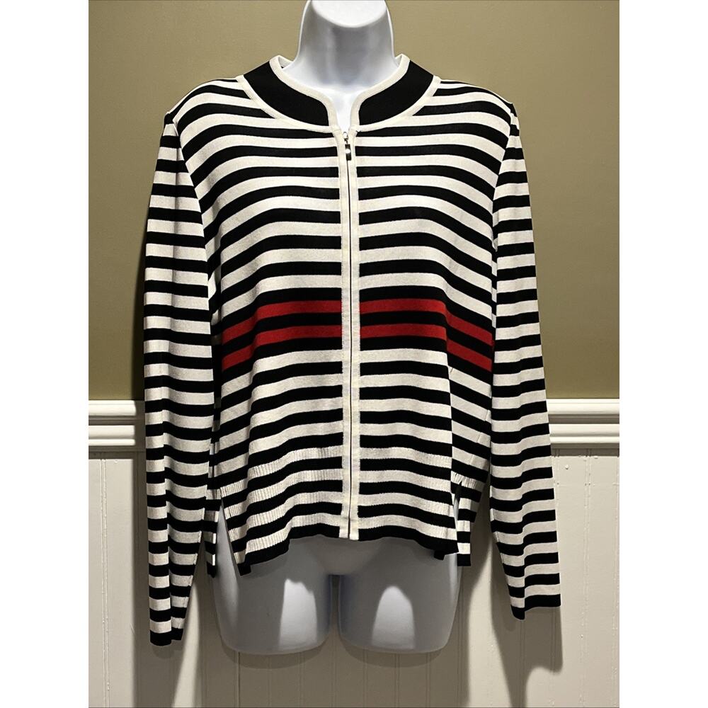 Misook Zipper Front BLACK RED WHITE STRIPE Cardigan M